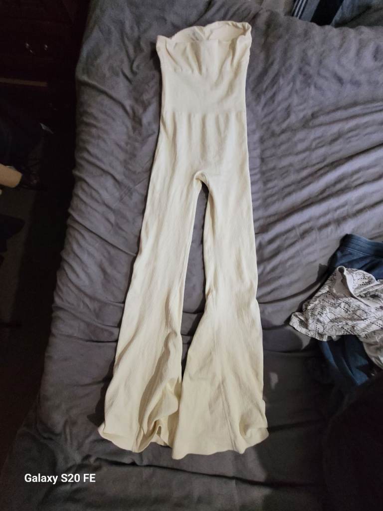 Cream Ribbed Strapless Jumpsuit Romper Size M Wide Leg Flared | Open to Offers!