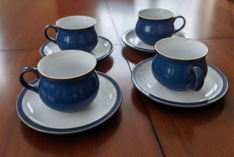 4 Denby Pottery Imperial Blue Tea Cups And Saucers