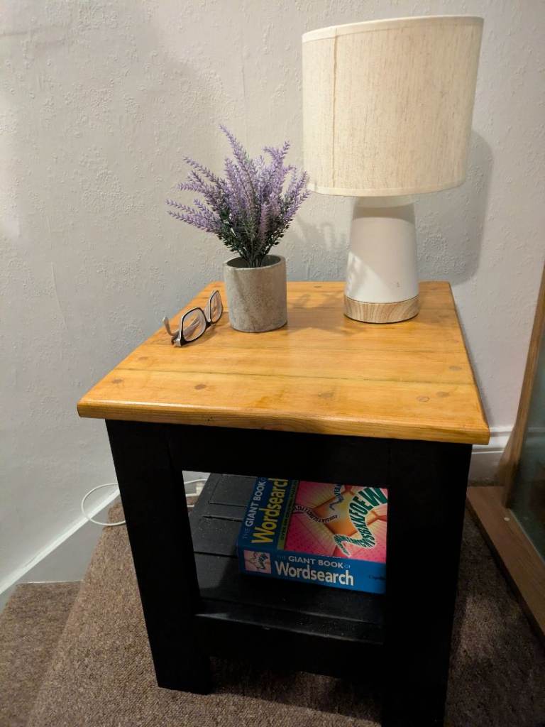 Solid Pine Side Table / Bedside Nightstand - Black & Natural