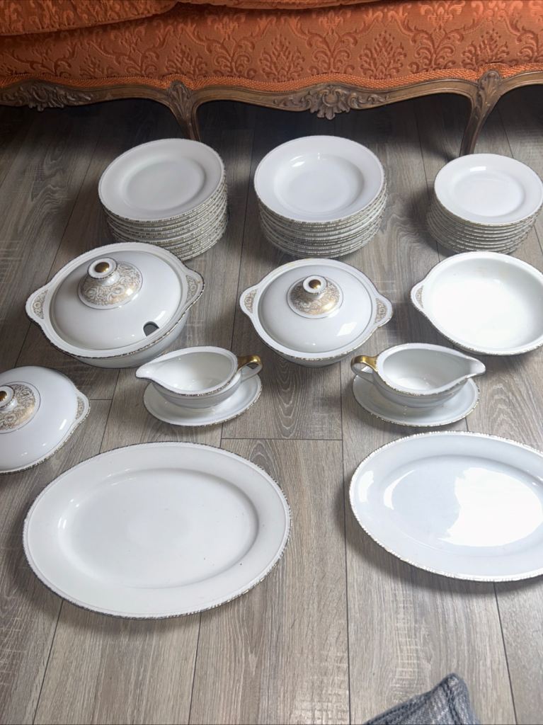 Vintage Famag Schonwald German Porcelain Dinner Set Gold Rim 41 Pieces Rare 10 settings 