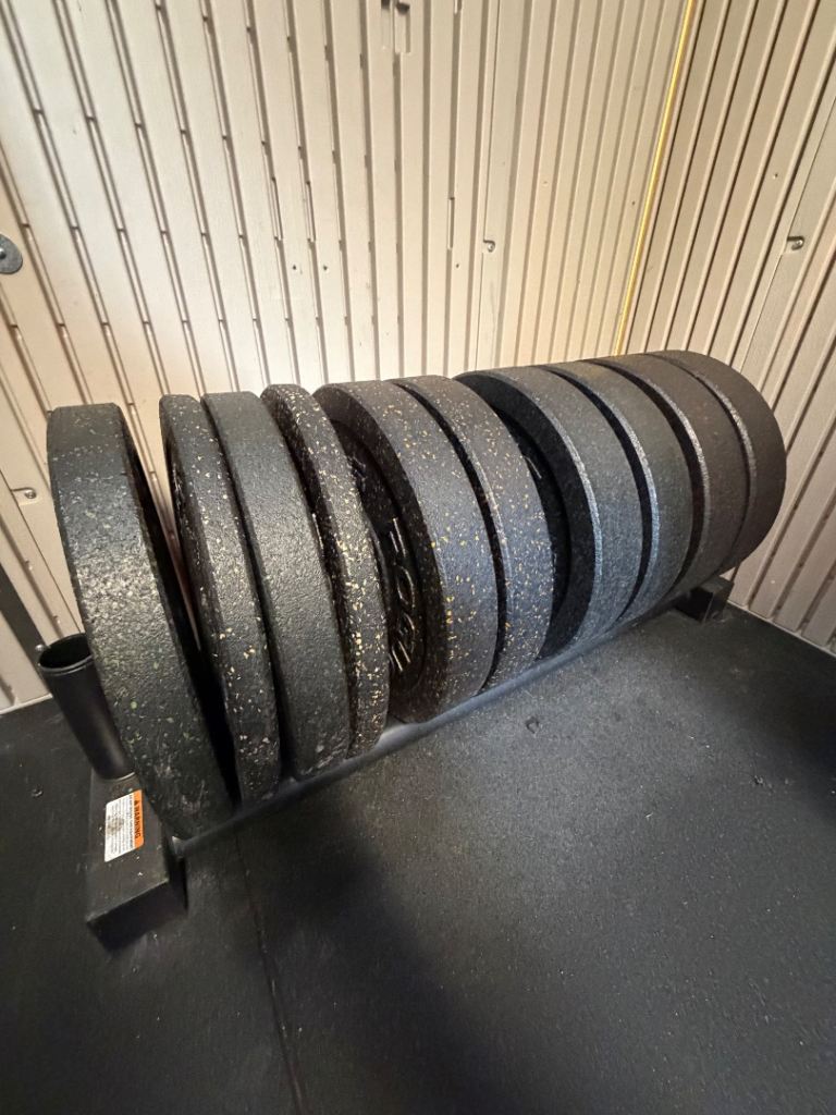 Rogue RR Plates and Mirafit Horizontal Plate Rack and Bar Stand