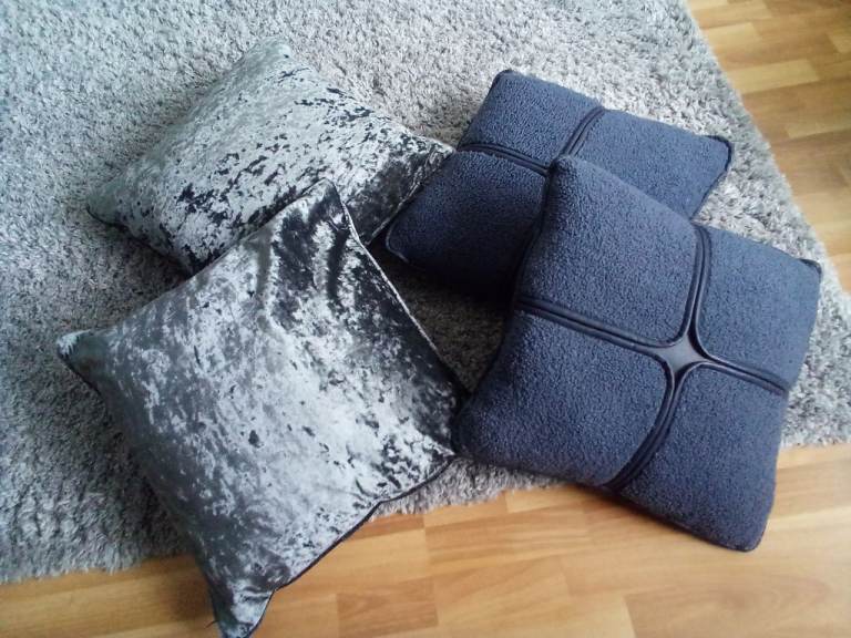 Grey Velvet and Blue Textured Cushions – New condition.