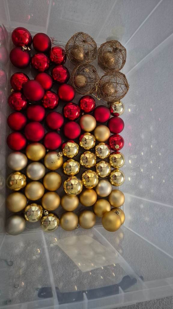 62 Christmas red and gold baubles 