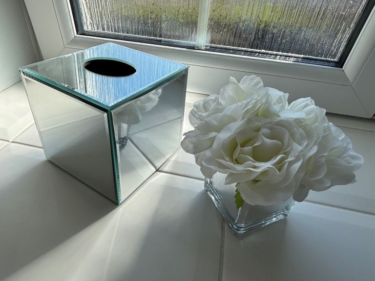 Mirrored tissue box cover and faux rose plant 