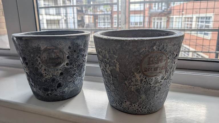Two large solid stone planters / pots in blue (Errington Reay)