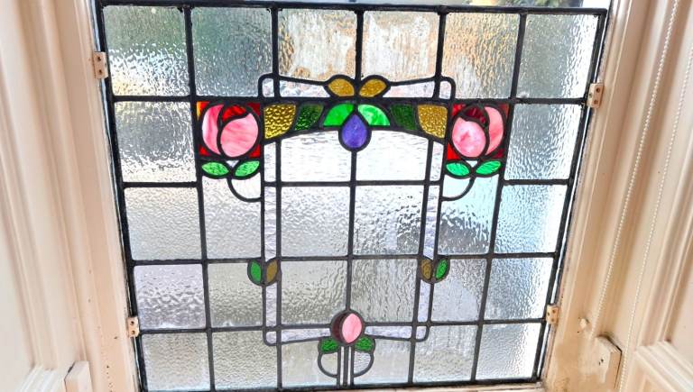 Antique Leaded Stained Glass Window Panel - Art Nouveau Rose Design