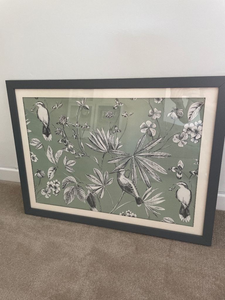 Large Framed Bird & Botanical Print – Green/Grey