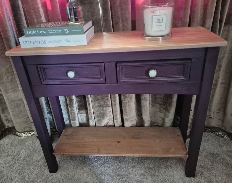 Purple Console Table with Two Drawers and Bottom Shelf