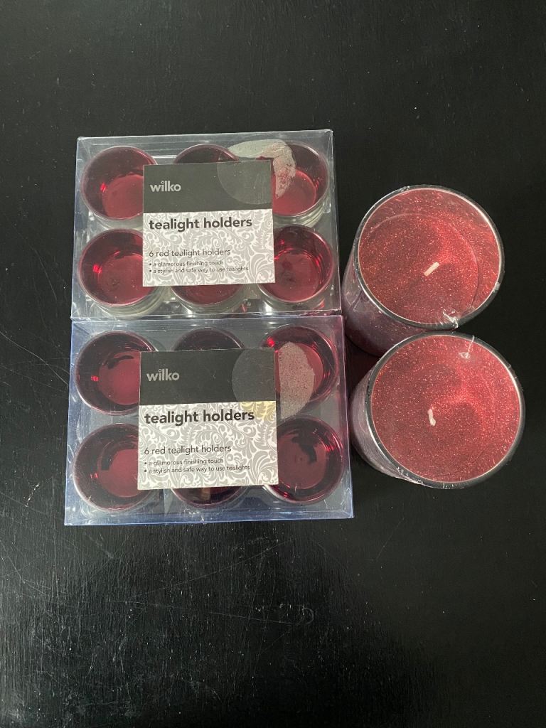  Red glitter candles & 12 red tealight holders