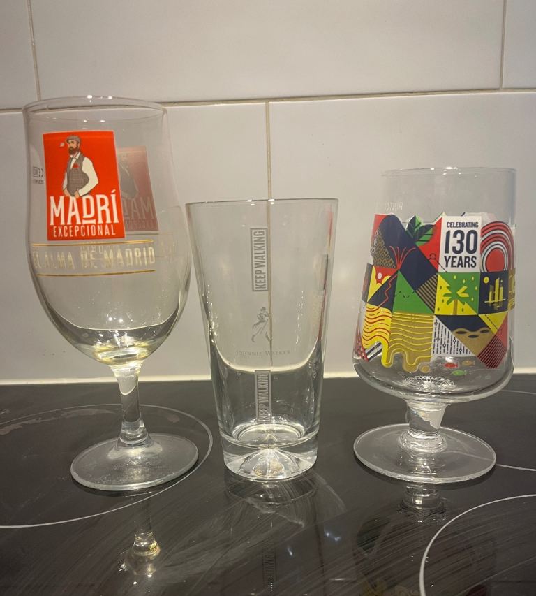 Selection of Branded Glassware – Madri, San Miguel, Johnnie Walker