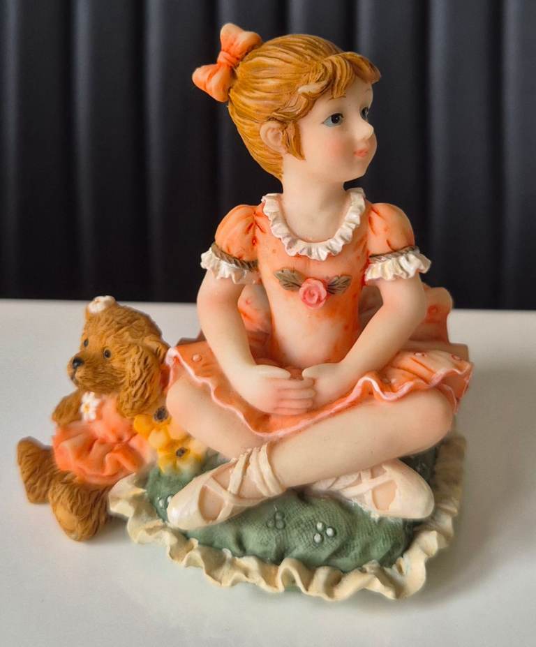 Vintage little girl ballerina and puppy dog resin figurine