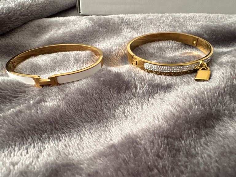 Two Gold-Tone Bracelets with White Enamel and Rhinestones – Good Condition
