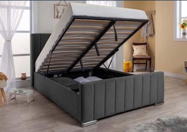 image for Grey velvet double ottoman bed frame