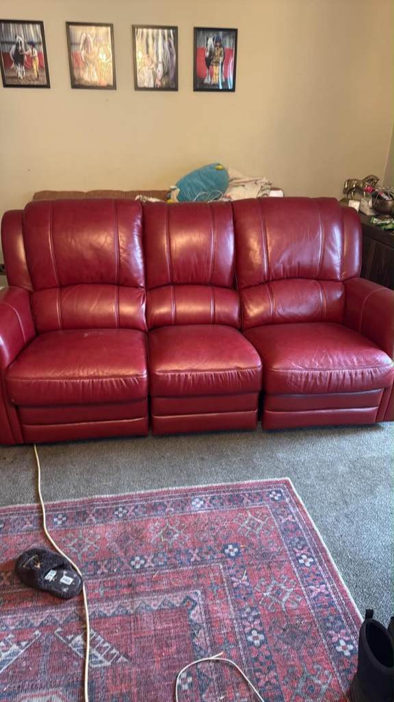 Comfy Red Leather Recliner Sofa - Three-Seater, Good Condition
