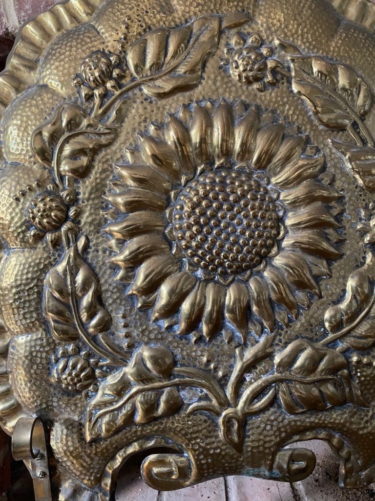 Antique Brass Fire Screen with Sunflower Design – Good Condition