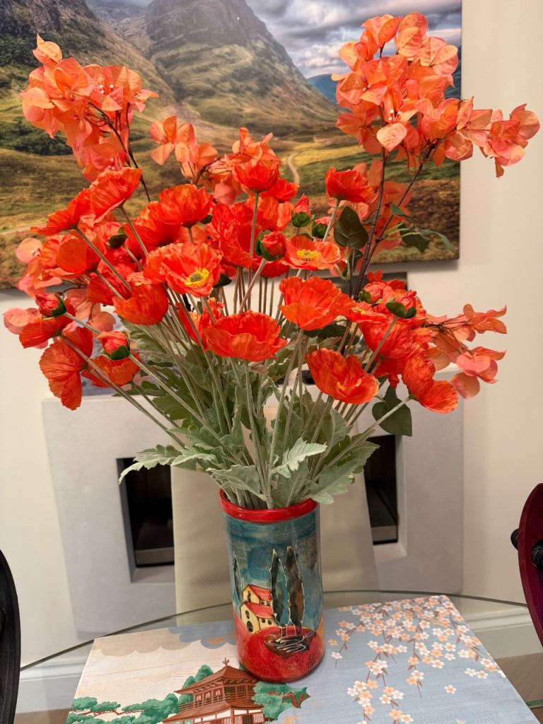Artificial Orange Poppy Flowers with Hand-Painted Vase