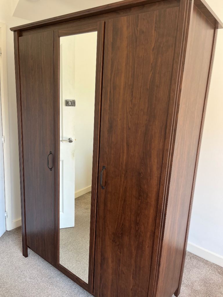 IKEA BRUSALI 3-Door Wardrobe with Mirror, Dark Brown
