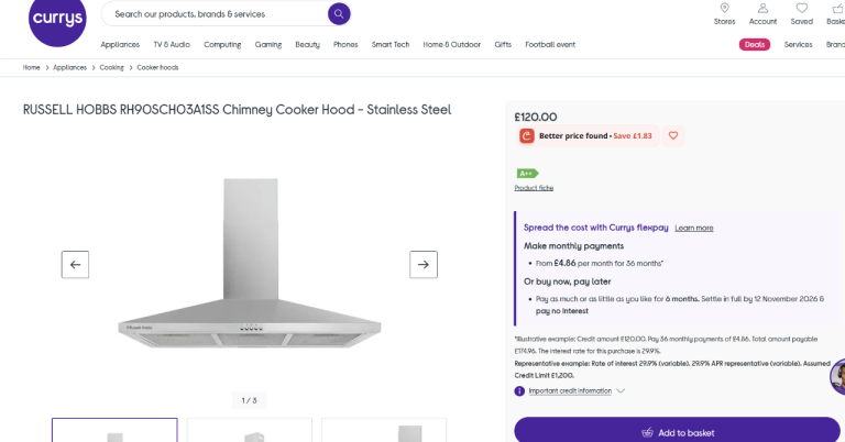 Brand New Russell Hobbs 90cm Chimney Cooker Hood in Stainless Steel.A++