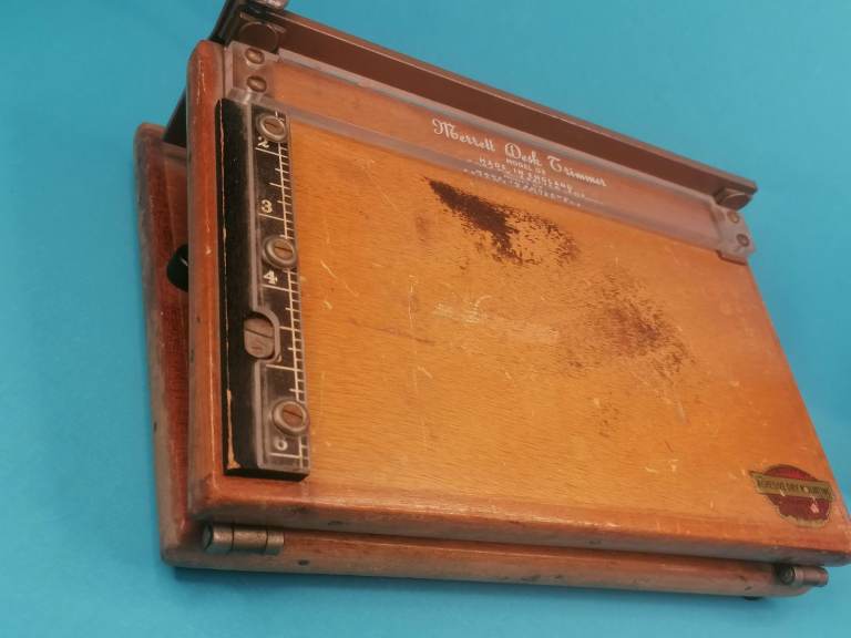 Antique Wooden Desk Tabletop Stationery Paper Guillotine, Cutter by Merrett. Made in England.