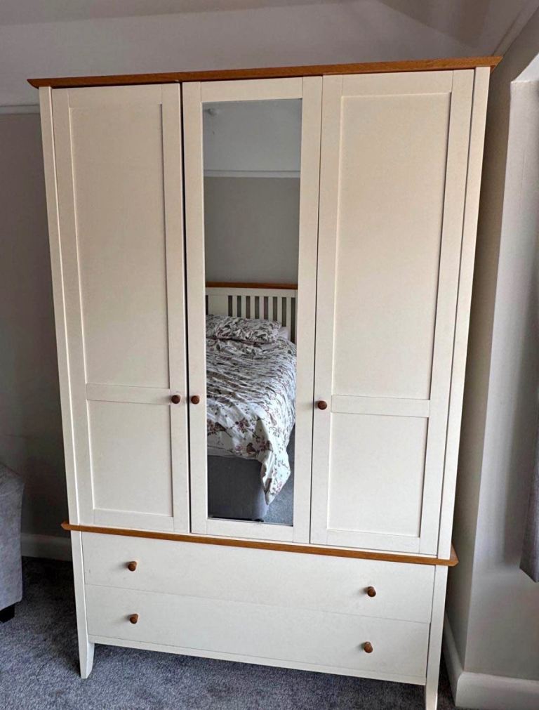 Cream and Wood Wardrobe with Mirror and Drawers – Good Condition