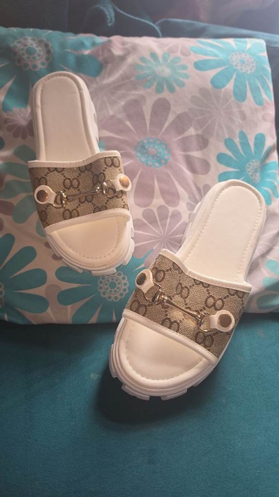 New Women's Chunky Platform White and Beige Gold Chain Monogram Patterned Slider Sandals