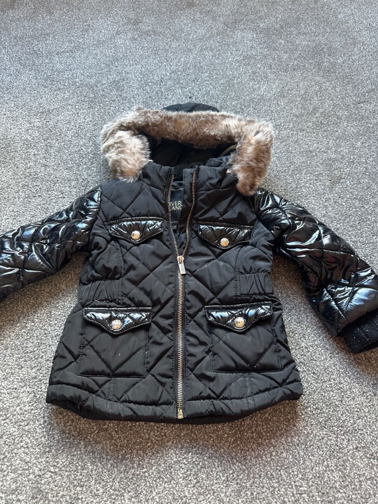Black Kids Padded Jacket with Faux Fur Hood