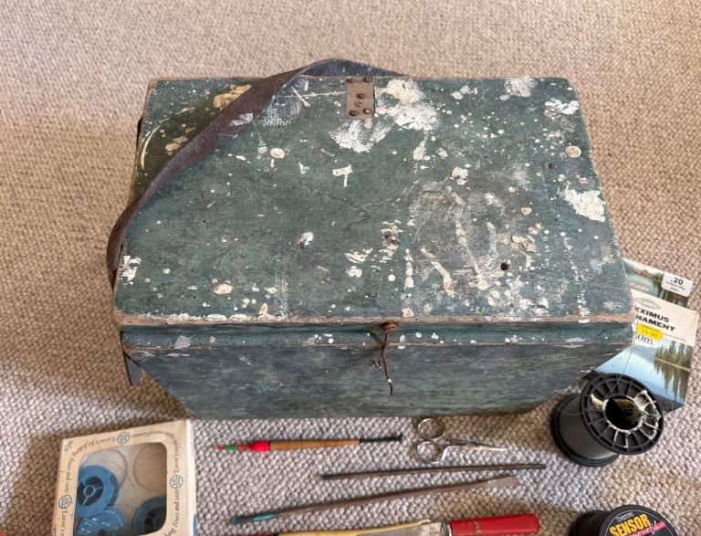 Wooden fishing box full of fishing gear!