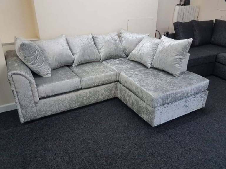 Dylan Silver Crushed Velvet Corner Sofa with Scatter Cushions