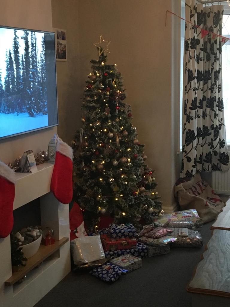 Pre lit white snow tipped Xmas tree beautiful 6ft tall £50