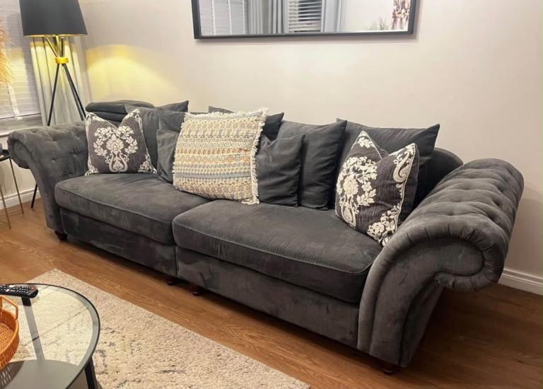 Grey Fabric Chesterfield Sofa and Armchair Set – Good Condition