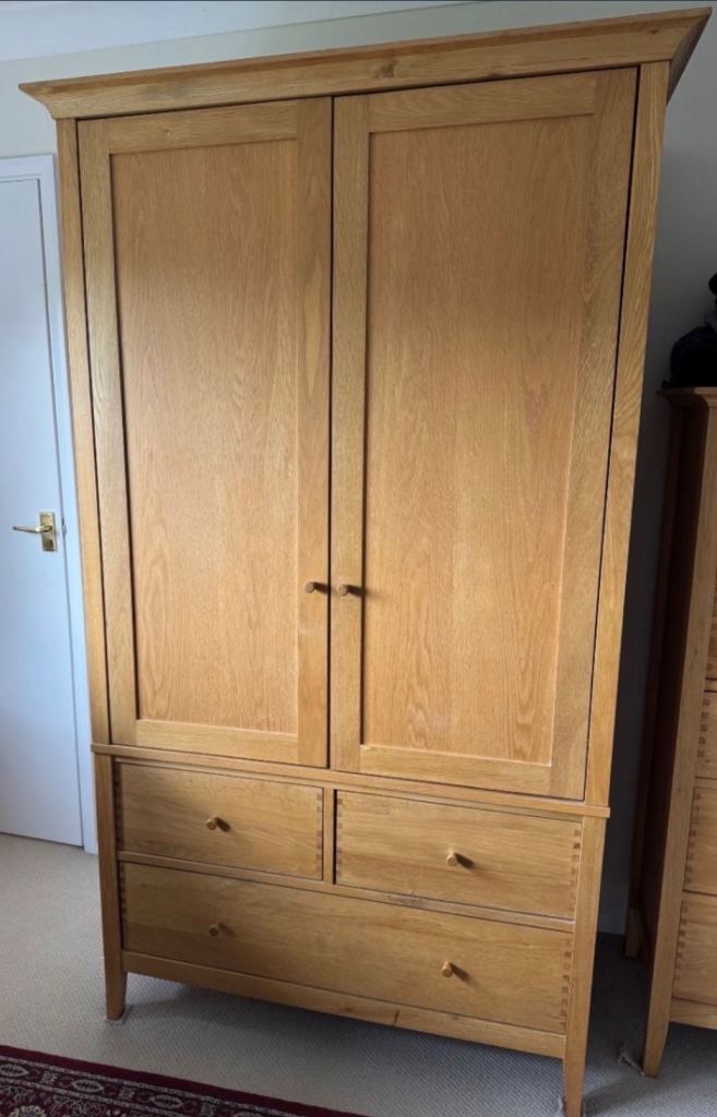 Willis and Gambier solid oak double wardrobe, chest and tall boy, excellent condition 