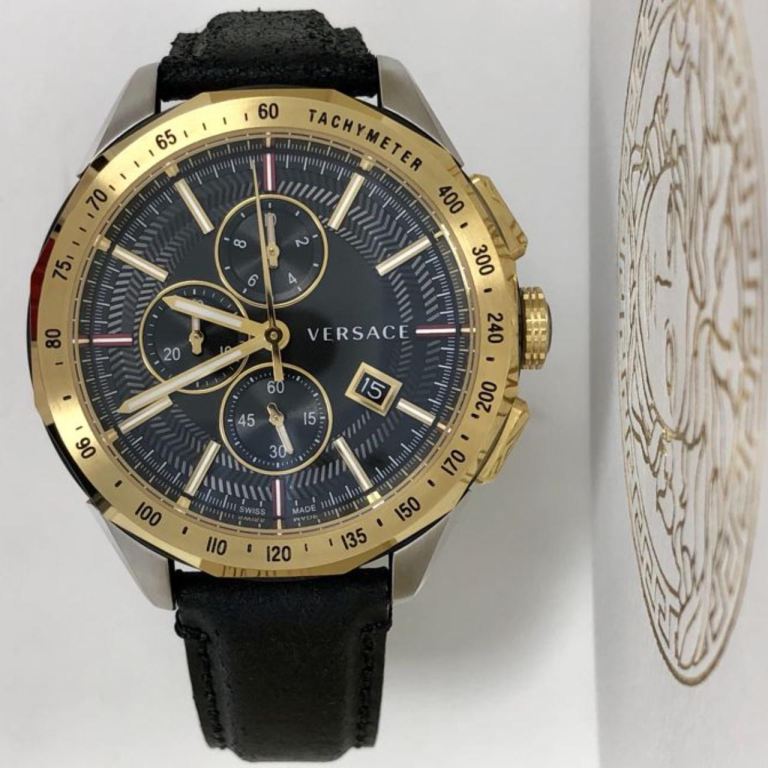 Versace Men's Swiss Chronograph Watch with Leather Strap Black IP Gold Glaze.