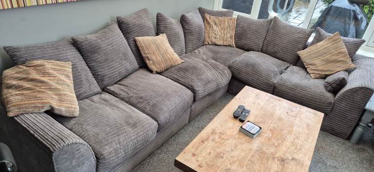Large Grey Corner Sofa with Cushions – Fair Condition