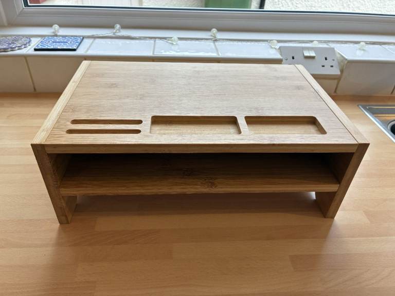Solid Light wood monitor / laptop stand with shelf and pen trays ...