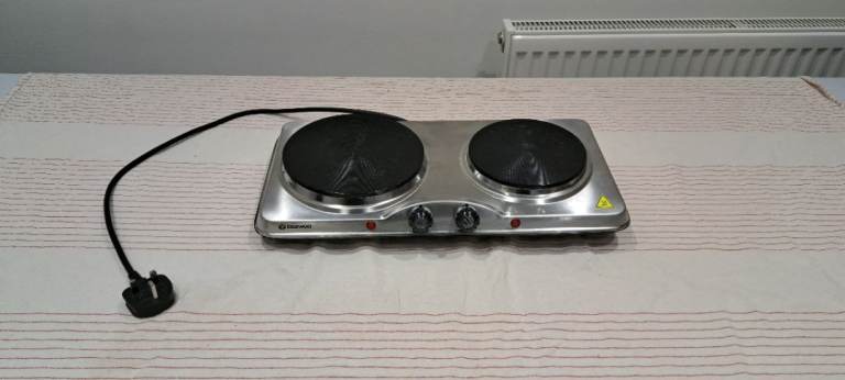 Daewoo Double Electric Hot Plate / Portable Twin Hob – 2 Ring – Stainless Steel