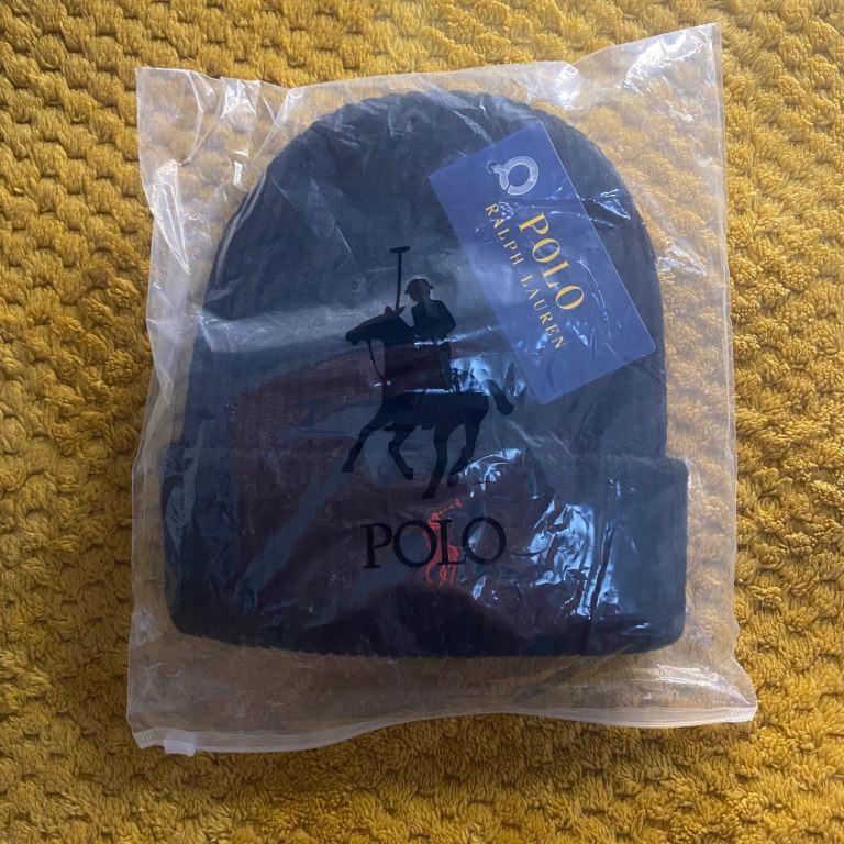 Polo Ralph Lauren Navy Blue Ribbed Beanie Hat Red Pony Logo