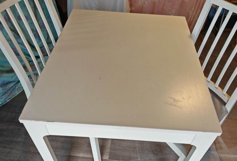 Small white IKEA Ekedalen extendable dining table with 2 IKEA chairs 