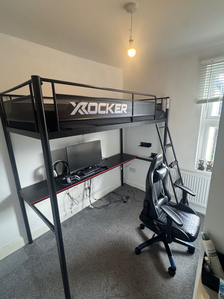 X Rocker HQ High Sleeper Gaming Bunk Bed with Desk and Ladder Black/Red - Single