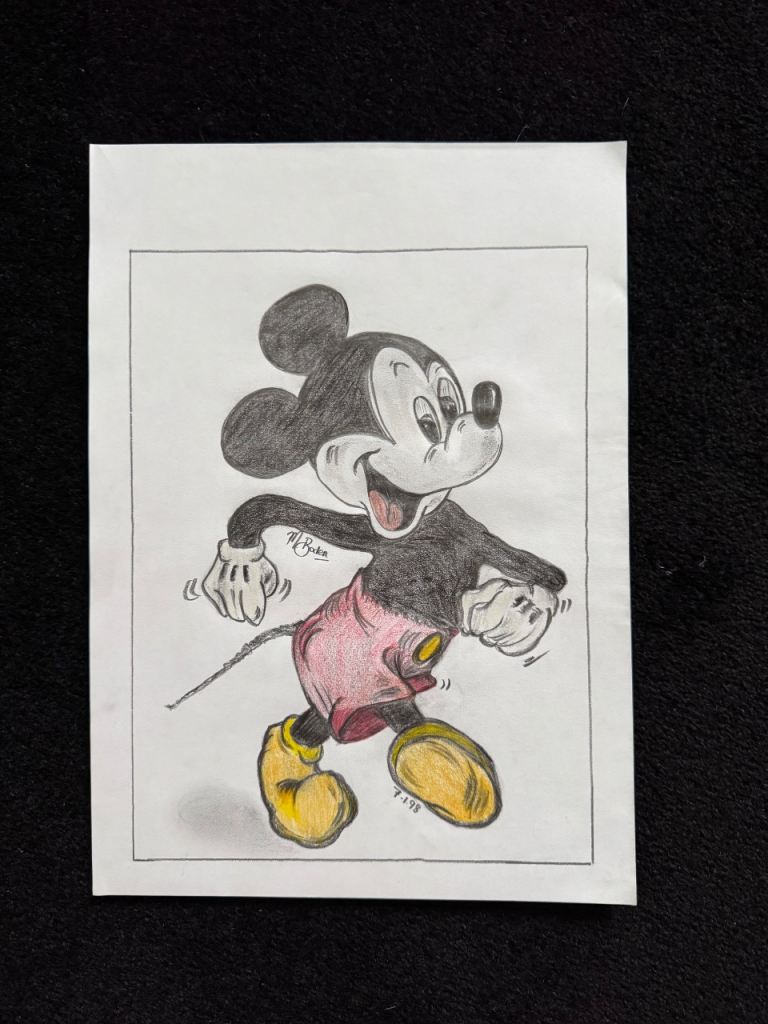 Unique A4 Hand-Drawn Sketch Mickey Mouse Sketch – in Coloured Pencils 