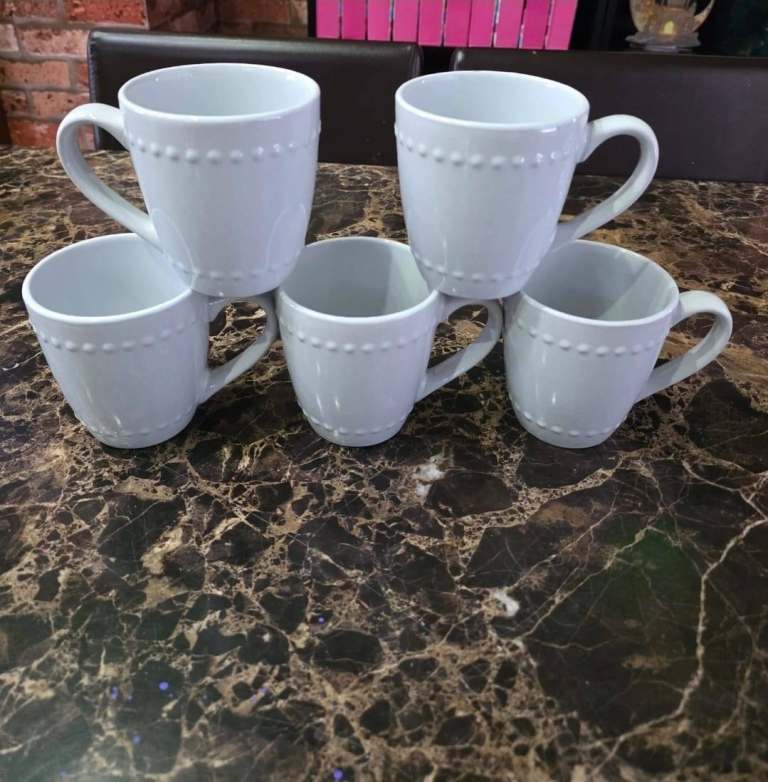 Set of 5 White Ceramic Mugs with Beaded Detail
