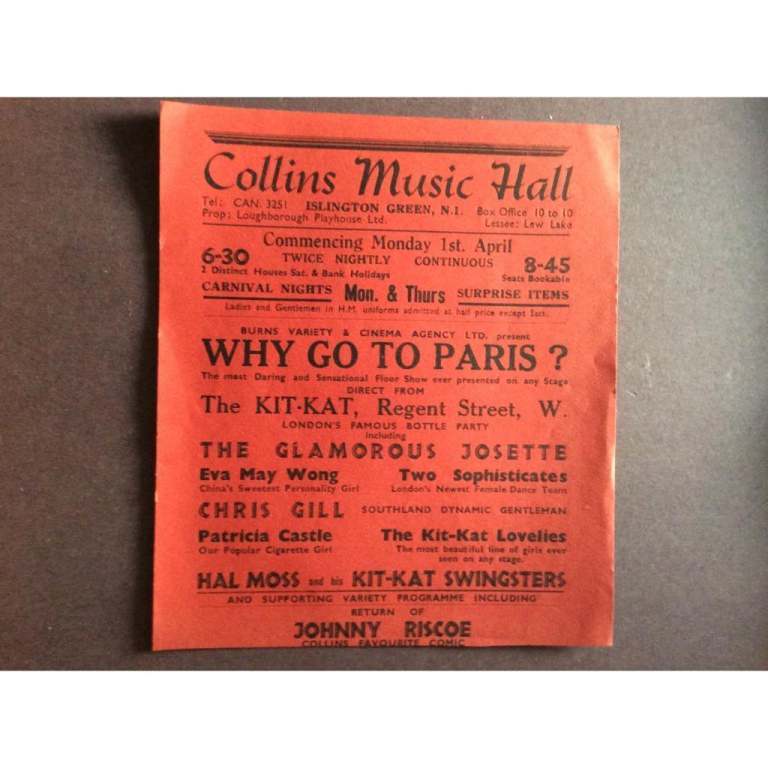 Collins Music Hall Handbill Vintage 1940