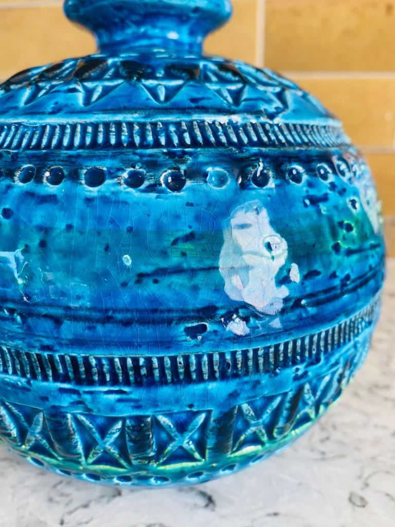 Bitossi Rimini Blue Ball Globe Round Vase Vintage Aldo Londi Italy Mid Century 