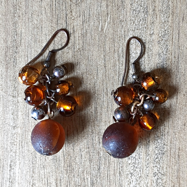 Brown Glass Round Bead Cluster Dangle Drop Earrings with Hook Closure  