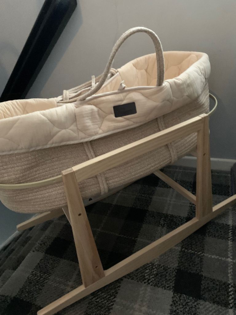 Baby Moses Basket and Wooden Rocker Stand – Beige, Excellent Condition
