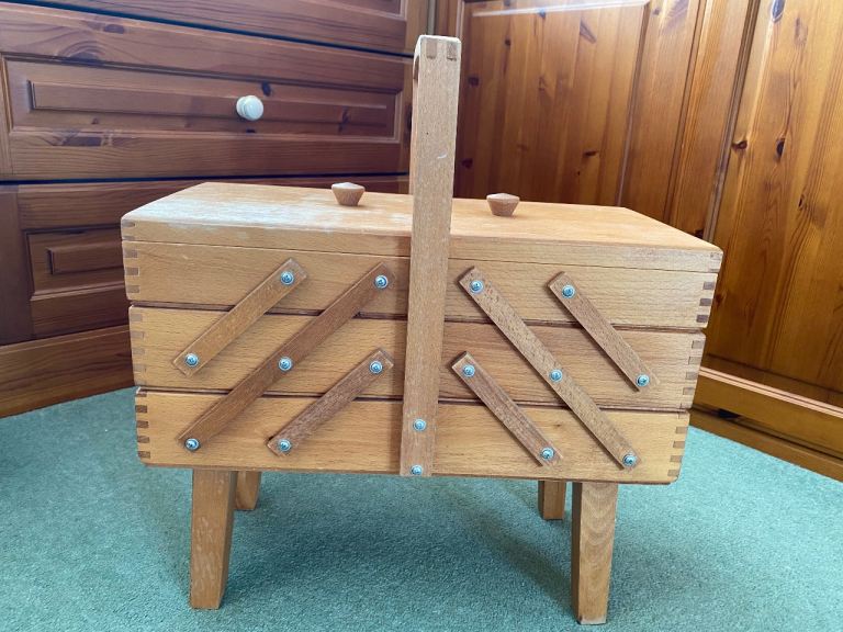 Wooden Cantilever Sewing Box – Good Condition