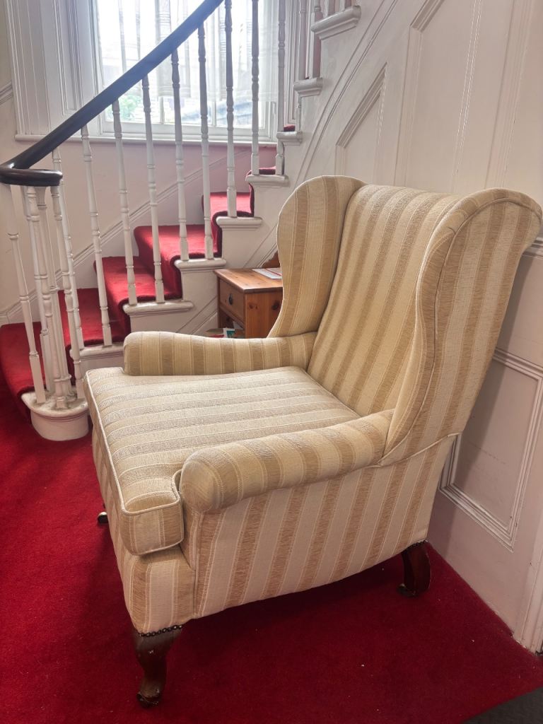 Comfortable Beige Striped Fabric Wingback Armchair – GOOD Condition