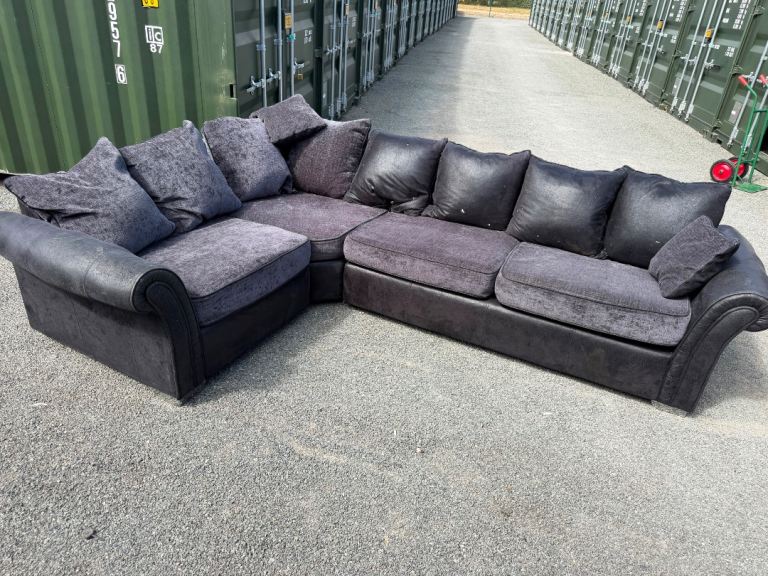 Large Black Corner Sofa with Cushions – Good Condition