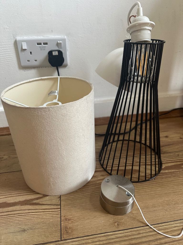 2 x lamp shades, light bulb and bathroom pull cord