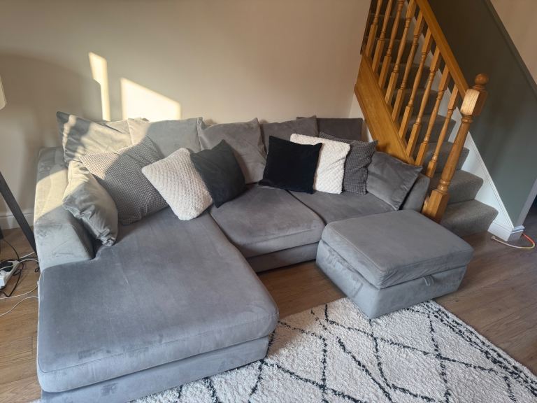 DFS Plush Chaise sofa with matching storage footstool in grey velvet 