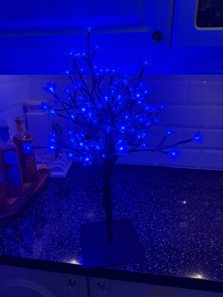 LED Cherry Blossom Bonsai Style Tree Lamp Approx 60cm 72 LED Blue Fairy Lights. Stable Square Base